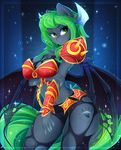  5_fingers anthro armor bat_pony breasts cutie_mark eyelashes fan_character female green_eyes green_hair hair koveliana mammal membranous_wings midriff my_little_pony navel smile solo wide_hips wings 