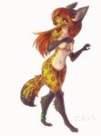  2013 anthro black_nose blue_eyes breasts digitigrade featureless_breasts featureless_crotch female hair hyena mammal multicolored_hair navel nude simple_background solo standing white_background wide_hips zenirix 