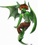  5_fingers anthro barefoot brown_hair clothed clothing collar dragon hair male membranous_wings navel simple_background smile topless white_background wings zenirix 