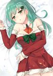  alternate_costume aqua_hair arm_warmers bare_shoulders breasts chiune_(yachi) christmas christmas_tree_hair_ornament cleavage confetti detached_collar dress eyebrows_visible_through_hair green_eyes hair_ornament kantai_collection large_breasts long_hair looking_at_viewer lying on_back on_bed open_mouth red_dress sleeves_past_wrists solo strapless strapless_dress suzuya_(kantai_collection) 