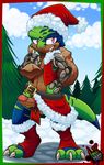  amuzoreh anthro balls blue_scales brown_belly christmas clothing dinosaur erection green_scales hat holidays legwear male multicolored_scales outside penis pink_eyes santa_hat scales scalie smile snow teeth tree uncut vertinand_the_tyrannosaurus_rex 