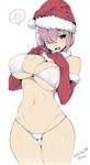  2016 artist_name bare_shoulders bikini blush breasts christmas dated elbow_gloves fate/grand_order fate_(series) fur_trim gloves hair_over_one_eye hat kamaboko_(ossann0125) large_breasts legs mash_kyrielight navel open_mouth purple_eyes purple_hair red_gloves santa_hat see-through short_hair simple_background solo spoken_blush swimsuit thigh_gap thighs white_background white_bikini 