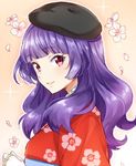  bangs blunt_bangs blush flower gloves hat iwaoka_(sikabanenomiti_park) japanese_clothes long_hair looking_at_viewer ootori_chacha purple_hair red_eyes smile solo tokyo_7th_sisters wavy_hair 