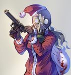  black_gloves blood daito gas_mask gloves grey_background grey_hair hat jacket long_hair long_sleeves original pb_pistol racking_slide red_jacket sack santa_costume santa_hat simple_background solo suppressor trigger_discipline 