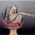  3d bad_id bad_pixiv_id barefoot blonde_hair breasts chair covered_nipples dark_skin feet full_body headdress highres horns labia legs_up leslyzerosix long_hair medium_breasts monster_girl multicolored multicolored_eyes open_mouth outstretched_leg seat sitting solo tail underboob 