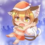  1girl animal_ears bell blush brown_eyes brown_hair cat_ears cat_tail chen chibi child christmas female flat_chest full_body hat kurumai looking_at_viewer midriff mistletoe multiple_tails navel open_mouth sack santa_hat shiny shiny_skin solo touhou 