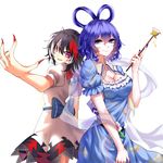  &gt;:) back-to-back bad_id bad_pixiv_id black_hair blue_dress blue_eyes blue_hair breasts cleavage closed_mouth collarbone cowboy_shot directional_arrow dress fingernails flower frills grin hagoromo hair_between_eyes hair_ornament hair_rings hair_stick highres horns kaku_seiga kijin_seija koissa large_breasts looking_at_viewer multicolored_hair multiple_girls nail_polish open_clothes open_vest puffy_short_sleeves puffy_sleeves red_eyes red_hair red_nails ringlets sash sharp_fingernails sharp_teeth shawl sheya short_sleeves smile streaked_hair teeth touhou tsurime v-shaped_eyebrows vest white_background white_dress white_hair white_vest 