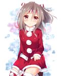  blush brown_eyes brown_hair christmas eyebrows_visible_through_hair fur_trim fuuna headband highres kantai_collection looking_at_viewer open_mouth ponytail santa_costume solo thighhighs zettai_ryouiki zuihou_(kantai_collection) 