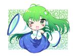  &gt;_o :3 ;d antenna_hair arm_up bangs belly_peek blush breasts chibi commentary_request cookie_(touhou) detached_sleeves eyebrows_visible_through_hair frog_hair_ornament full_body green_eyes green_hair hair_ornament hair_tubes japanese_clothes kochiya_sanae long_hair looking_at_viewer medium_breasts mutsutake navel nontraditional_miko one_eye_closed open_mouth sidelocks simple_background sleeves_past_fingers sleeves_past_wrists smile snake_hair_ornament solo touhou unaligned_breasts very_long_hair 