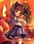  animal_ears belt breasts brown_eyes brown_hair cat_ears character_request christmas christmas_tree draph dress from_behind granblue_fantasy highres hug large_breasts looking_back no_tail short_hair smile solo stuffed_toy tahnya thighhighs white_legwear yaia_(granblue_fantasy) 