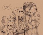  artist_name breasts collared_shirt commentary_request croissant domino_mask doughnut eating english food hood hoodie hybrid inkling large_breasts mask monochrome multiple_girls octarian octoling pointy_ears ribbed_sweater shirt smile splatoon_(series) splatoon_1 sweater takozonesu tentacle_hair tinned_coffee v yuta_agc 