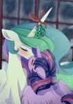  2016 blush duo equine eyes_closed feathered_wings feathers female female/female feral friendship_is_magic hair hi_res horn kissing long_hair mammal mistletoe momomistress multicolored_hair multicolored_tail my_little_pony plant princess_celestia_(mlp) purple_feathers smile twilight_sparkle_(mlp) white_feathers window winged_unicorn wings 