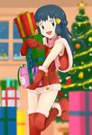  bad_id bad_pixiv_id blue_hair christmas christmas_lights christmas_ornaments christmas_tree gift gloves hair_ornament hairclip highres hikari_(pokemon) holding holding_gift leg_up long_hair looking_away love_(pspdspsp) miniskirt poke_ball_symbol pokemon pokemon_(anime) pokemon_(game) pokemon_dp_(anime) pokemon_dppt red_gloves santa_costume skirt sleeveless solo thighhighs 