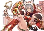  animal_ears bell boots bow cat_ears christmas claw_(weapon) detached_sleeves ears_through_headwear erune fur_trim granblue_fantasy hood merry_christmas open_mouth santa_boots santa_costume sen_(granblue_fantasy) sitting skirt solo stole weapon yoo_(tabi_no_shiori) 