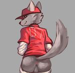  anthro anus backsack balls butt canine clothed clothing fur grey_fur grin hat looking_back male mammal nilsig shirt simple_background solo t-shirt wolf 