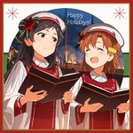  black_hair book border candle christmas christmas_ornaments christmas_tree church closed_eyes closed_mouth hair_ornament hair_ribbon highres holding holding_book idolmaster idolmaster_million_live! indoors kitazawa_shiho long_hair looking_at_another multiple_girls open_mouth orange_hair red10 ribbon robe short_hair smile yabuki_kana yellow_eyes 