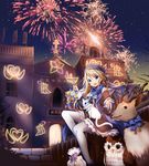  black_hat blonde_hair blue_eyes blue_scarf cat dress eyebrows_visible_through_hair fireworks hair_between_eyes hat heart highres long_hair magi_in_wanchin_basilica nun open_mouth outdoors pantyhose reindeer scarf sky solo star_(sky) starry_sky tree usagihime white_legwear xiao_ma 