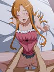  1boy 1girl asuna_(sao) bed blush censored clothed_sex drooling eyes_closed french_braid happy_sex hetero jewelry long_hair mosaic_censoring on_bed open_mouth orange_hair ring sex spread_legs sword_art_online 