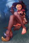  1girl alternate_costume blonde_hair breasts brown_legwear cleavage earrings feet highres hips holding holding_shoes jewelry kyle_(kairunoburogu) long_hair looking_at_viewer medium_breasts mercy_(overwatch) overwatch revision shoes single_shoe smile solo thighhighs toeless_legwear toenail_polish toes witch_mercy 