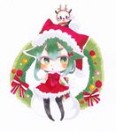  1boy 1girl bag christmas gatchaman gatchaman_crowds green_eyes green_hair santa_hat santa_outfit santa_suit thighhighs utsutsu 