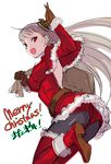  backless_dress backless_outfit belt boots breasts capcom_fighting_jam christmas dress gloves hairpods highres ingrid long_hair medium_breasts merry_christmas pantyhose red_eyes sack santa_costume skirt smile solo tetsu_(kimuchi) thighhighs thighhighs_over_pantyhose white_hair 