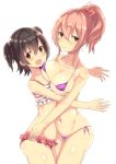  2girls :d asymmetrical_docking bangs bare_arms bare_shoulders bikini black_hair blush bow breast_press breasts brown_eyes character_request closed_mouth collarbone commentary_request cowboy_shot diagonal-striped_bow erect_nipples eyebrows_behind_hair frilled_tankini from_side furrowed_eyebrows hair_between_eyes hair_bow highres idolmaster idolmaster_cinderella_girls large_breasts looking_at_viewer lowleg_tankini micro_bikini multiple_girls nape navel open_mouth owafu pink_hair purple_bikini short_hair side-tie_bikini smile string_bikini swimsuit tankini twisted_torso unaligned_breasts yellow_eyes 