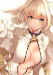  ahoge arm_up belt blonde_hair breasts chain cleavage commentary_request eyebrows_visible_through_hair fate/extra fate/extra_ccc fate_(series) green_eyes hair_intakes large_breasts lock looking_at_viewer matarou_(genkai_toppa) navel nero_claudius_(bride)_(fate) nero_claudius_(fate)_(all) open_clothes outstretched_arm padlock short_hair solo stomach tareme unzipped upper_body veil 