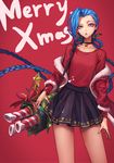  :p bell bell_choker black_choker black_skirt blue_hair braid candy candy_cane choker christmas collarbone english fingernails food gold_trim hair_slicked_back highres holly jacket jinx_(league_of_legends) league_of_legends long_hair long_sleeves looking_at_viewer merry_christmas miniskirt nail_polish neck_tattoo no_bangs oopartz_yang pink_nails print_skirt purple_eyes red_background red_shirt shirt simple_background skirt skull_print solo standing tattoo thighs tongue tongue_out twin_braids very_long_hair 