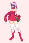  alternate_costume bangs bare_shoulders boots box breasts cleavage commentary_request dress elbow_gloves eyepatch full_body gift gift_box gloves hat headgear highres kantai_collection large_breasts looking_at_viewer parted_lips purple_hair red_dress red_footwear red_gloves red_scarf santa_hat scarf short_dress short_hair smile solo standing strapless strapless_dress tenryuu_(kantai_collection) thighhighs white_legwear yellow_eyes yuuji_(and) 