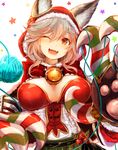  absurdres animal_ears bell breasts candy candy_cane christmas claws ears_through_headwear erune fangs food granblue_fantasy hat highres jingle_bell large_breasts looking_at_viewer one_eye_closed open_mouth orange_eyes santa_hat sen_(granblue_fantasy) silver_hair simple_background smile solo star sukemyon white_background yarn yarn_ball 