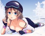  bikini blue_eyes blush breasts brown_hair cleavage fingerless_gloves gloves goggles goggles_on_head looking_at_viewer love_live! love_live!_school_idol_festival love_live!_sunshine!! lying medium_breasts nanotsuki on_stomach polka_dot polka_dot_bikini short_hair solo strap_slip swimsuit watanabe_you winter_clothes 