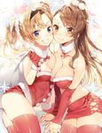  asymmetrical_bangs asymmetrical_docking bangs bare_shoulders beatrix_(granblue_fantasy) bell bell_collar blonde_hair blue_eyes blush breast_press breasts brown_eyes brown_hair christmas cleavage collar collarbone commentary_request eyebrows_visible_through_hair fur_collar granblue_fantasy grin hairband ikeya_(ikeya314) large_breasts long_hair looking_at_viewer medium_breasts merry_christmas miniskirt multiple_girls ponytail red_ribbon ribbon santa_costume short_shorts shorts skirt smile teeth thighhighs twintails zeta_(granblue_fantasy) 