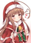  ahoge bell blush brown_eyes brown_hair capelet commentary_request fur-trimmed_capelet fur_trim gradient gradient_background hat heart heart_ahoge highres huge_ahoge kantai_collection kuma_(kantai_collection) long_hair masayo_(gin_no_ame) pink_background ribbon santa_costume santa_hat smile solo upper_body white_background 