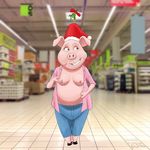  anthro breasts christmas clothed clothing female foxworks hat holidays mall mammal mistletoe nipples pants partially_clothed pig plant porcine santa_hat sing_(disambiguation) smile solo tagme teeth undressing 
