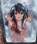  against_glass akabane_hibame black_hair christmas highres long_hair open_mouth original oversized_clothes red_eyes santa_costume snowing solo twitter_username two_side_up 