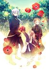  2boys bandages blonde_hair blush dress flower glasses leaf liam_lunettes long_hair multiple_boys pandora_hearts ponytail red_eyes sharon_rainsworth silver_hair tree winniconan xerxes_break younger 