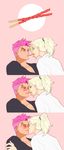  blonde_hair blue_eyes blush collarbone comic commentary_request food green_eyes highres kiss md5_mismatch mercy_(overwatch) multiple_girls overwatch pink_hair pocky pocky_kiss ponytail shared_food short_hair silent_comic snapagi stitched sweat third-party_edit yuri zarya_(overwatch) 
