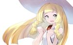  bangs bare_arms bare_shoulders blonde_hair braid clenched_hands dress green_eyes hat lillie_(pokemon) long_hair looking_at_viewer open_mouth pokemon pokemon_(game) pokemon_sm solo straight_hair sun_hat sundress teko white_background 