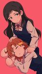  bare_legs black_hair closed_eyes closed_mouth dress hand_on_another's_head hand_on_another's_shoulder highres idolmaster idolmaster_million_live! kitazawa_shiho lap_pillow long_hair looking_to_the_side multiple_girls open_mouth orange_hair red10 red_background school_uniform short_hair sleeping sleeping_on_person thighs yabuki_kana yellow_eyes 