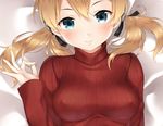  alternate_costume bed_sheet black_ribbon blonde_hair blue_eyes blush breasts close-up closed_mouth covered_nipples cropped head_tilt kantai_collection looking_at_viewer low_twintails lying medium_breasts on_back prinz_eugen_(kantai_collection) red_sweater ren_san ribbed_sweater ribbon sexually_suggestive smile solo sweater turtleneck turtleneck_sweater twintails upper_body 