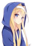  alice_schuberg artist_name bangs blonde_hair blue_eyes blush closed_mouth eyebrows_visible_through_hair from_side hair_intakes hairband highres hood hood_up liebe long_hair looking_at_viewer signature simple_background solo sword_art_online upper_body white_background 