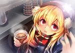  adapted_costume blonde_hair blush breasts clothes_writing clownpiece coffee coffee_cup cream cup disposable_cup hair_between_eyes hat heart long_hair medium_breasts mug pom_pom_(clothes) red_eyes scarf snowing solo star striped touhou upper_body winter winter_clothes z.o.b 