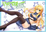  2013 ahoge arm_support black_legwear blonde_hair breasts cleavage cleavage_cutout green_eyes hand_in_hair highres hoshii_miki idolmaster idolmaster_(classic) idolmaster_2 kamishiro_mai_(capti-no) long_hair medium_breasts solo star thighhighs 