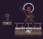  arm_up belt character_name clenched_hand full_body helmet kamen_rider kamen_rider_black kamen_rider_black_(series) legs_apart male_focus migel_futoshi minami_koutarou multiple_views pixel_art purple_background railing simple_background standing 