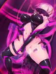  barcode_tattoo blindfold blonde_hair breasts corruption covered_nipples elbow_gloves fate/grand_order fate_(series) fingering gloves highres large_breasts mash_kyrielight mask masturbation masturbation_through_clothing navel navel_piercing nipple_piercing piercing pubic_tattoo pussy_juice ruuku_(azukieru) shiny shiny_clothes solo spread_legs tattoo thighhighs 