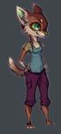  3_toes 4_fingers anthro barefoot breasts canine coyote female green_eyes green_nose grey_background mammal simple_background smile solo standing toes zenirix 