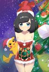  bare_shoulders beanie black_hair blue_eyes breasts christmas_lights christmas_ornaments christmas_tree cleavage collarbone from_above gen_1_pokemon gift hat highres holding holding_gift horaizonu large_breasts looking_at_viewer mizuki_(pokemon) pikachu poke_ball poke_ball_(generic) pokemon pokemon_(creature) pokemon_(game) pokemon_sm santa_costume short_hair sleeveless star_(sky) 