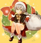  boots capelet christmas christmas_wreath gloves green_eyes hat hotarumaru male_focus mizuhara_aki red_gloves sack santa_hat shorts silver_hair sitting smile solo touken_ranbu waving 