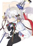 :/ ahoge bangs bell black_legwear blush capelet christmas commentary_request dress elbow_gloves eyebrows_visible_through_hair fate/grand_order fate_(series) fur_trim gloves green_ribbon grey_hair hair_ribbon hayashi_kewi headpiece holding invisible_chair jeanne_d'arc_(fate)_(all) jeanne_d'arc_alter_santa_lily lance legs_together looking_at_viewer merry_christmas polearm red_ribbon ribbon sack short_dress sitting solo striped striped_ribbon thighhighs v-shaped_eyebrows weapon white_dress yellow_eyes 