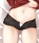  alternate_costume ass_visible_through_thighs black_shorts buttons close-up clothes_lift cropped kantai_collection lifted_by_self long_sleeves lower_body lying navel on_back open_fly panties prinz_eugen_(kantai_collection) red_sweater ren_san ribbed_sweater short_shorts shorts solo stomach sweater sweater_lift thighs unbuttoned underwear white_panties 